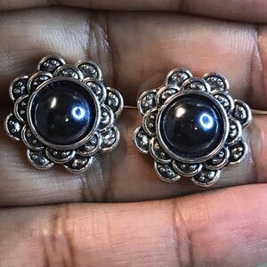Vintage S925 Black Gemstone Monet Stud  Silver Flower Earrings